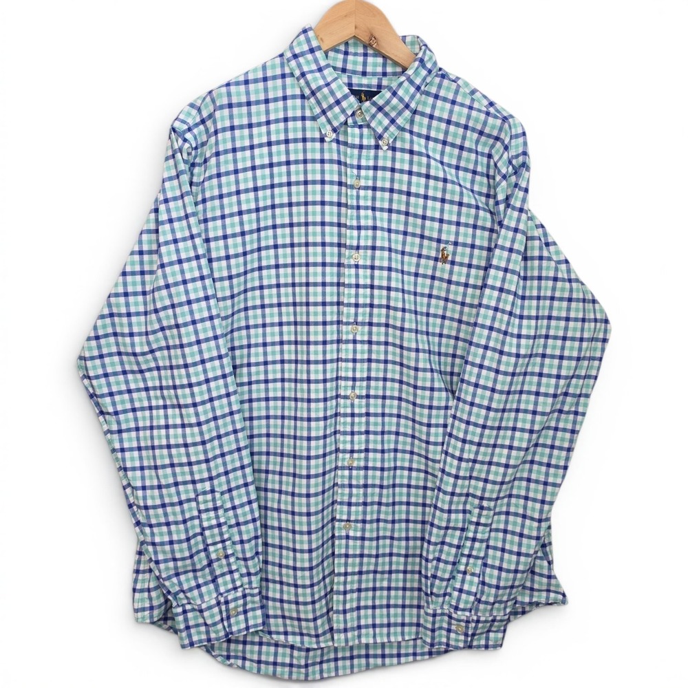 Ralph Lauren Shirt Mens XL Blue Teal Plaid Button Down Classic Fit Embroidered